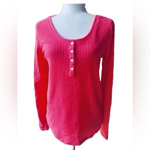NWT LOFT Woman Waffle Knit Round Neck Button Blouse Top Pink Medium Soft Stretch